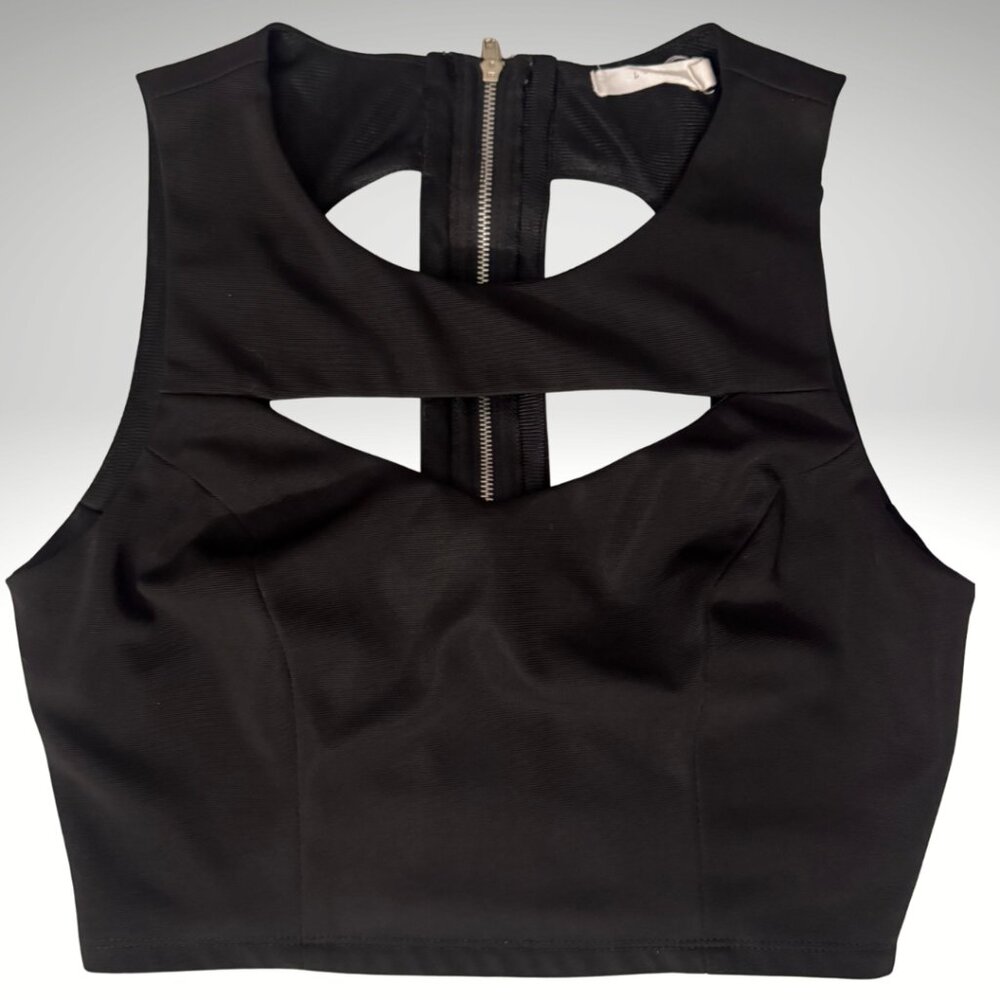 Lush Black Cutout Exposed Zipper Crop Top – Size Small